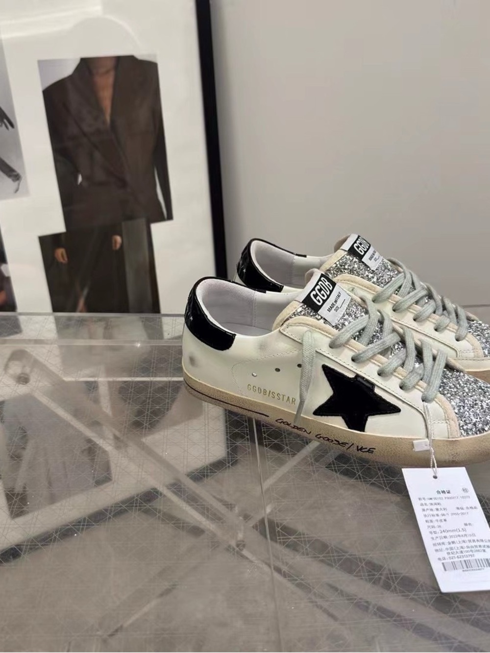Golden Goose White Leather Sneakers with Black Star and Silver Glitter Toe - Picture 5 of 8